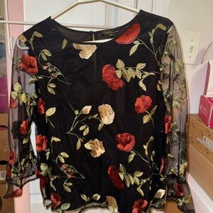 Dalia Black Top with Red and Cream Floral Embroidery